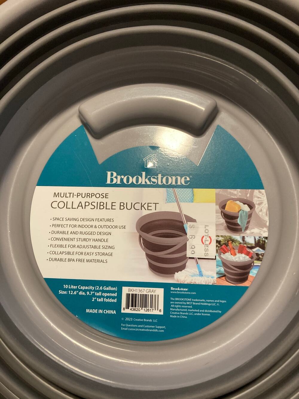 Brookstone MultiPurpose Collapsible Bucket 10L/2.6 Gal Gray Space Saving Design!